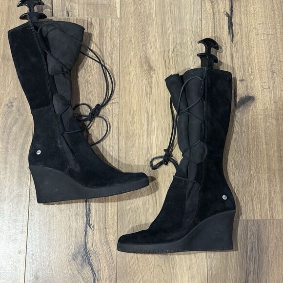 UGG Boots Womens 9 Elsey Winter Black Leather Lace Up Round Toe Wedge Mid-Calf - Picture 1 of 6